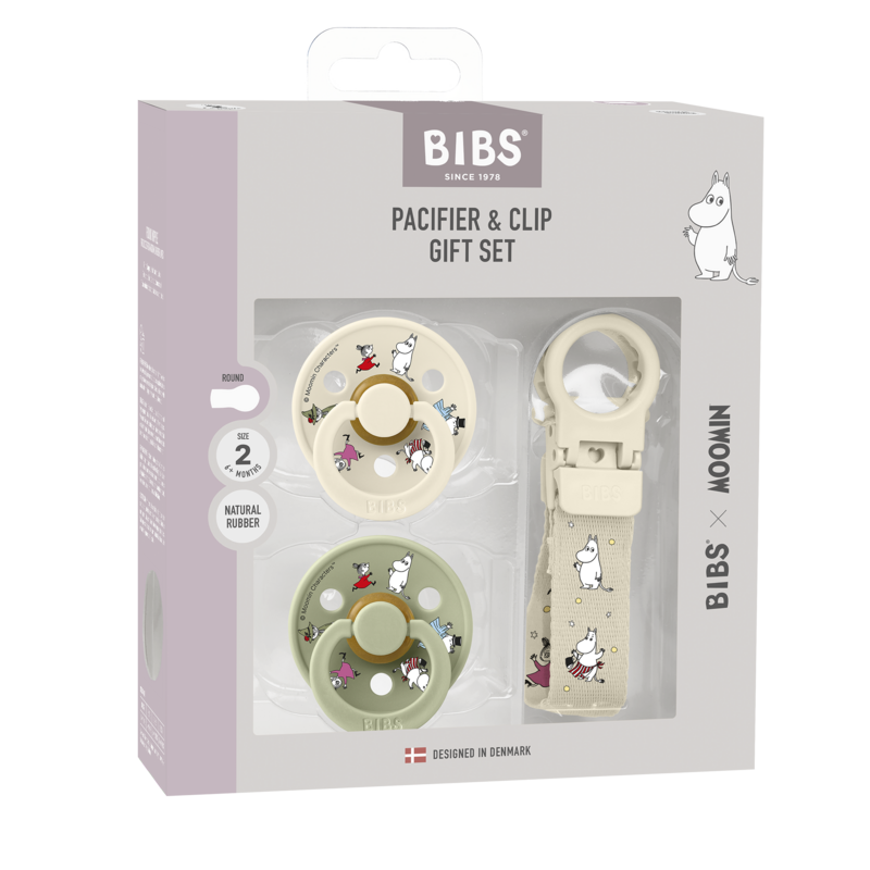 BIBS x Moomin - Lahjapakkaus, (luonnonkumitutit 6-18kk + tuttinauha), Friends Ivory